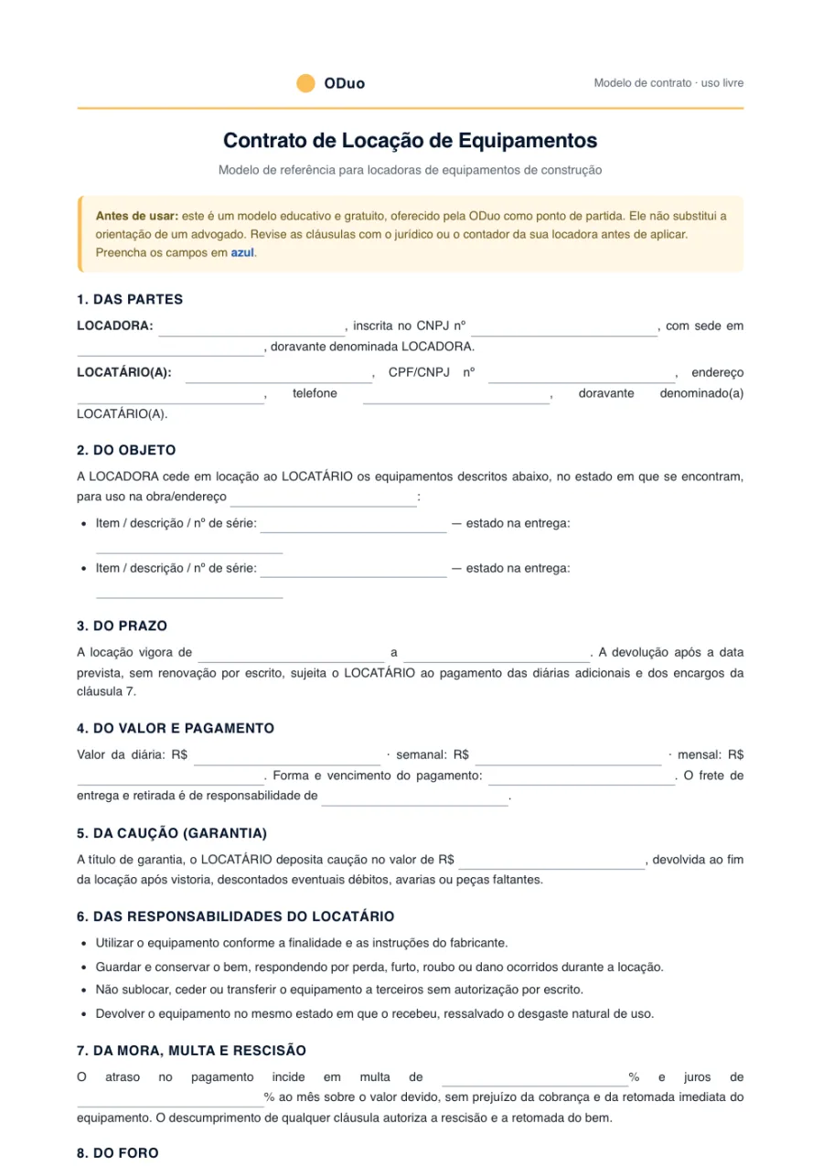 Prévia do modelo de contrato de locação de equipamentos